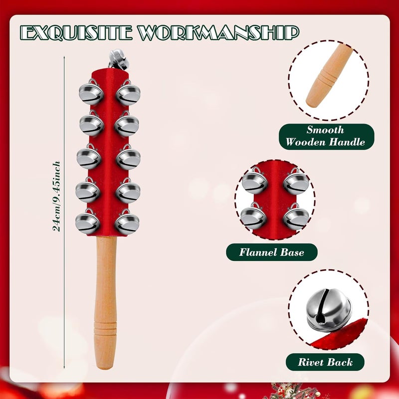 Kidum 4 Pcs Christmas Sleigh Bells Wooden Handle Jingle Bells Instrument Musical Hand Bell Shaker Rattle Musical Percussion Instrument for Xmas Holiday Party (Red) - Image 2